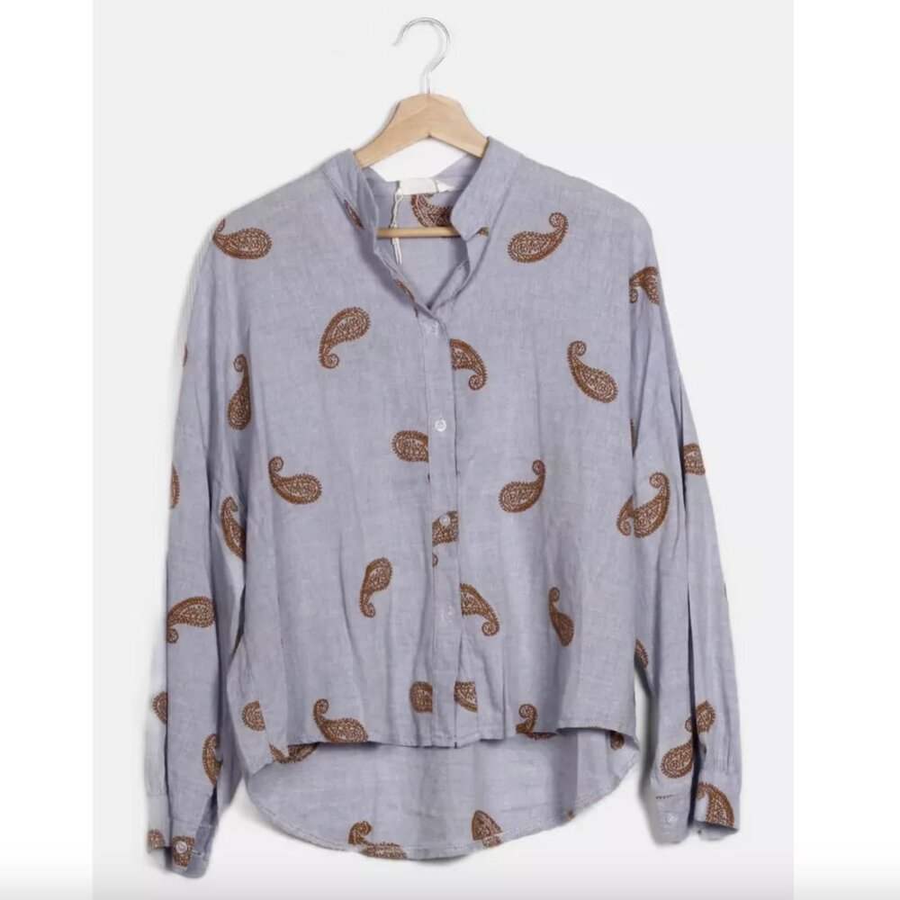 ABSOLU Paris Shirt Top Long Sleeve Button Up Paisley Embroidered Design